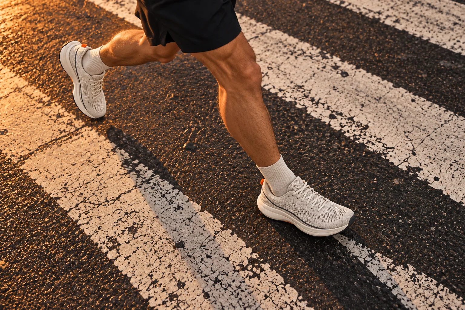 Runner 01 shoes crossing worn white street markings in evening light