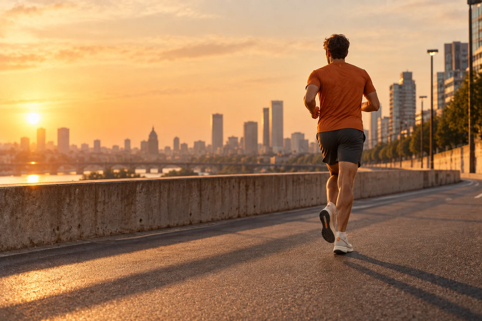 Runner heading along a quiet concrete waterfront route at sunset
