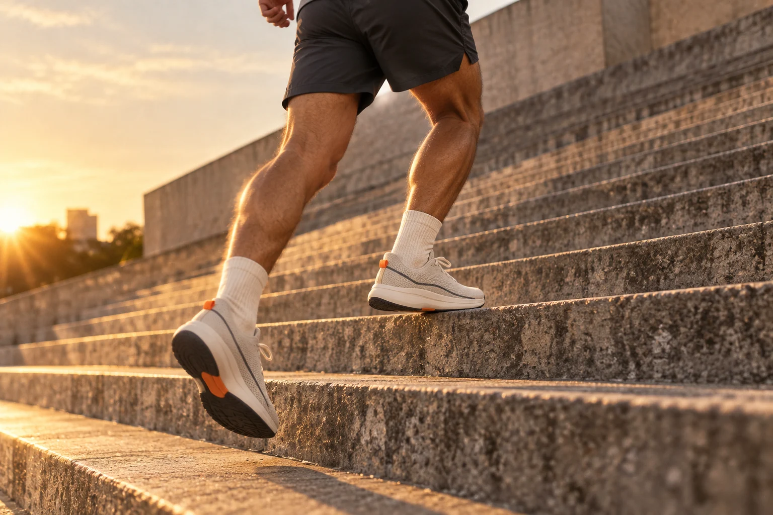 Cropped runner wearing Runner 01 on sunlit concrete city steps