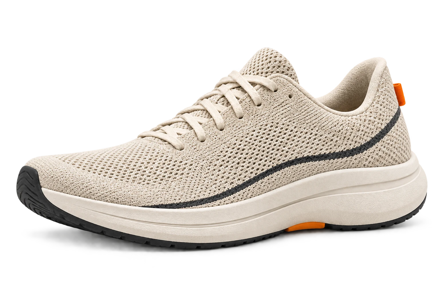 Three-quarter view of Runner 01 showing the laces, knitted upper and sculpted sole