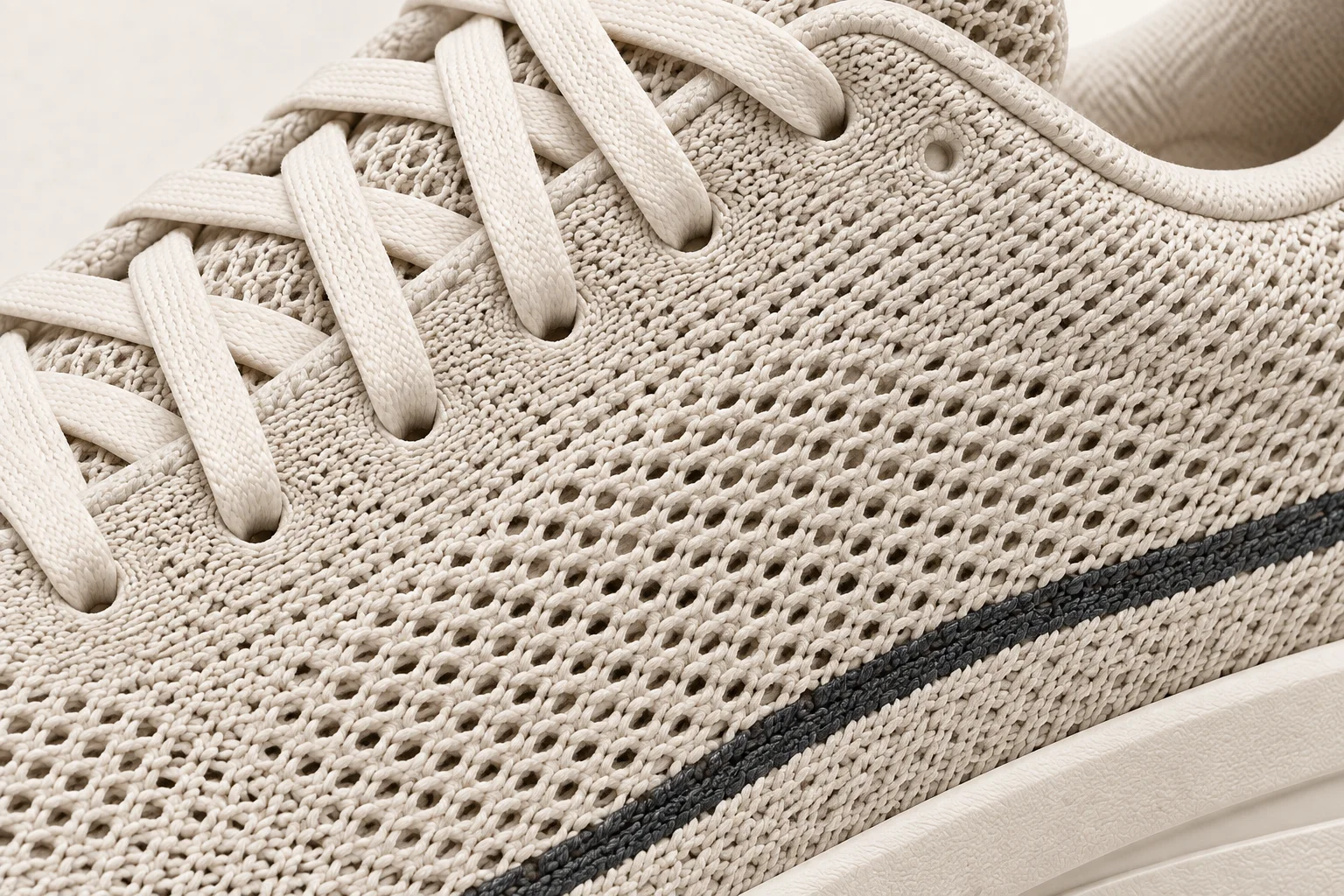 Chalk-coloured open knit, tonal laces and a charcoal seam that follows the side of the shoe.