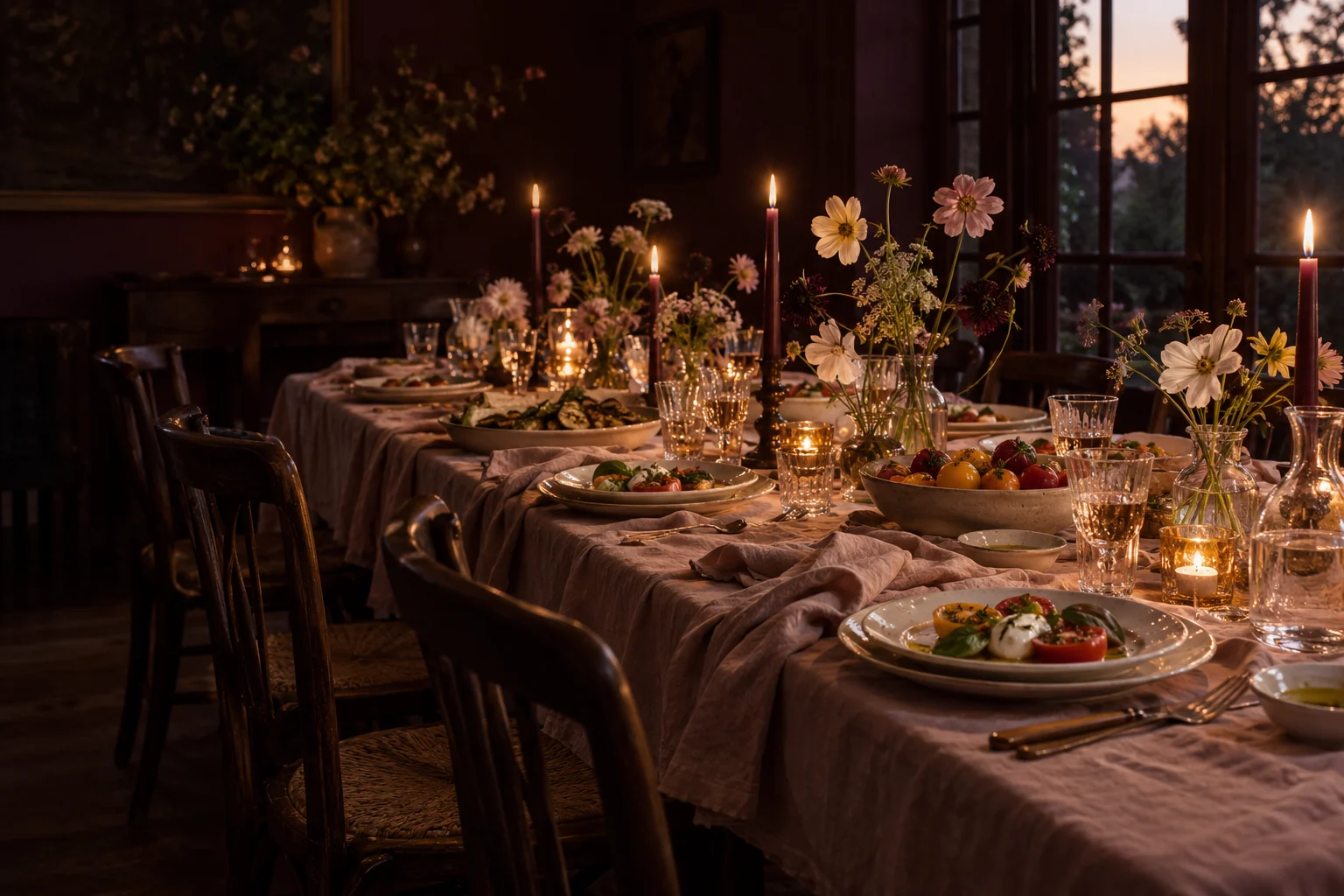 An imagined candlelit supper table with rose linen, garden flowers, clear glasses and colourful seasonal plates