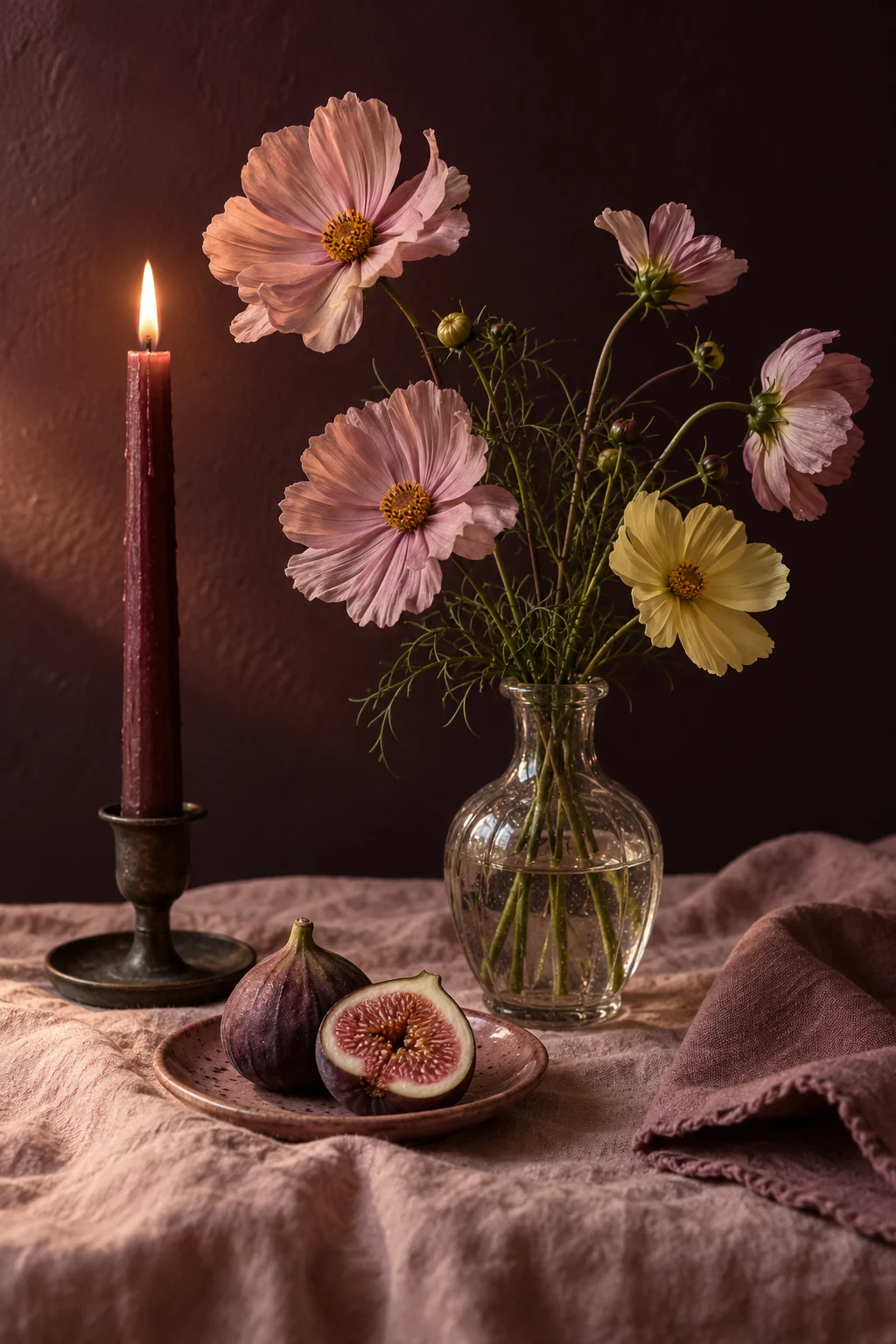 Original still life of garden cosmos, a burgundy candle and sliced figs on a dusty rose tablecloth