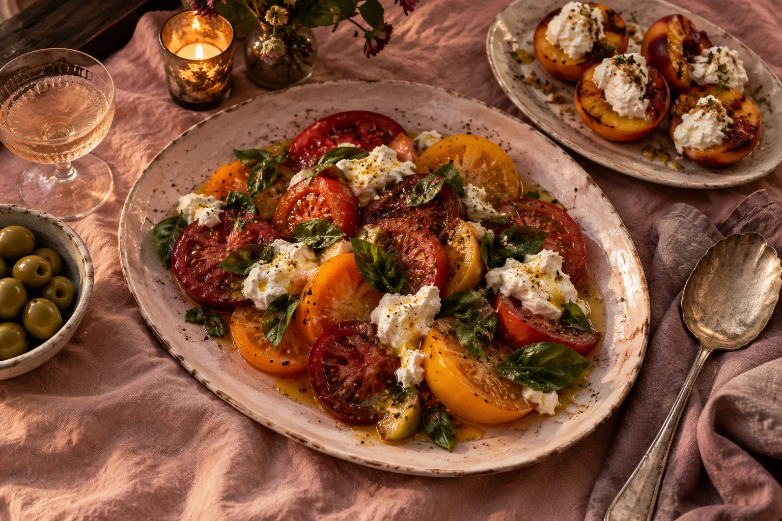 Original imagined late-summer plates of colourful tomatoes, basil and soft cheese, with peaches and cream on rose linen