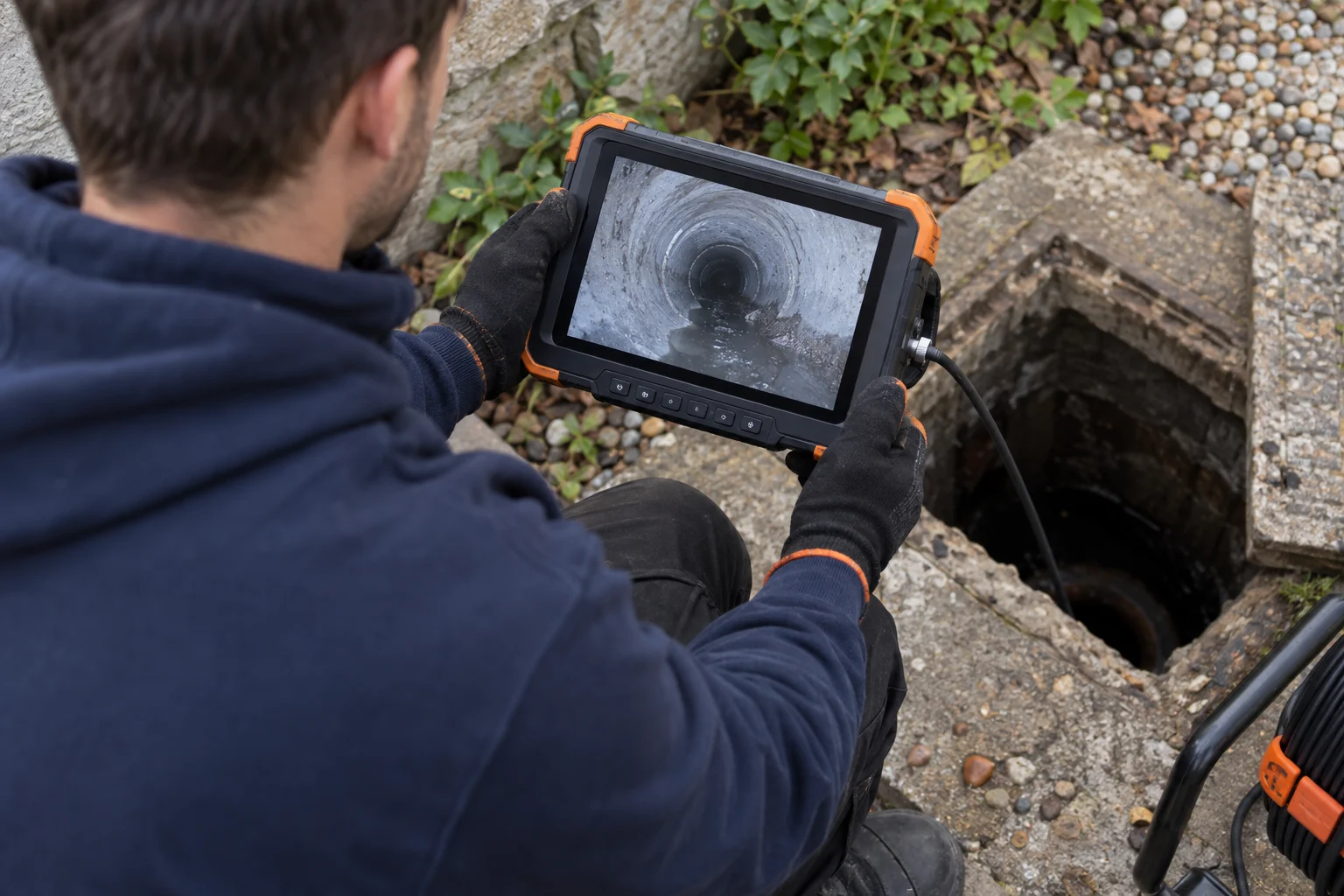 Fictional technician examining a drain-camera monitor beside an access opening