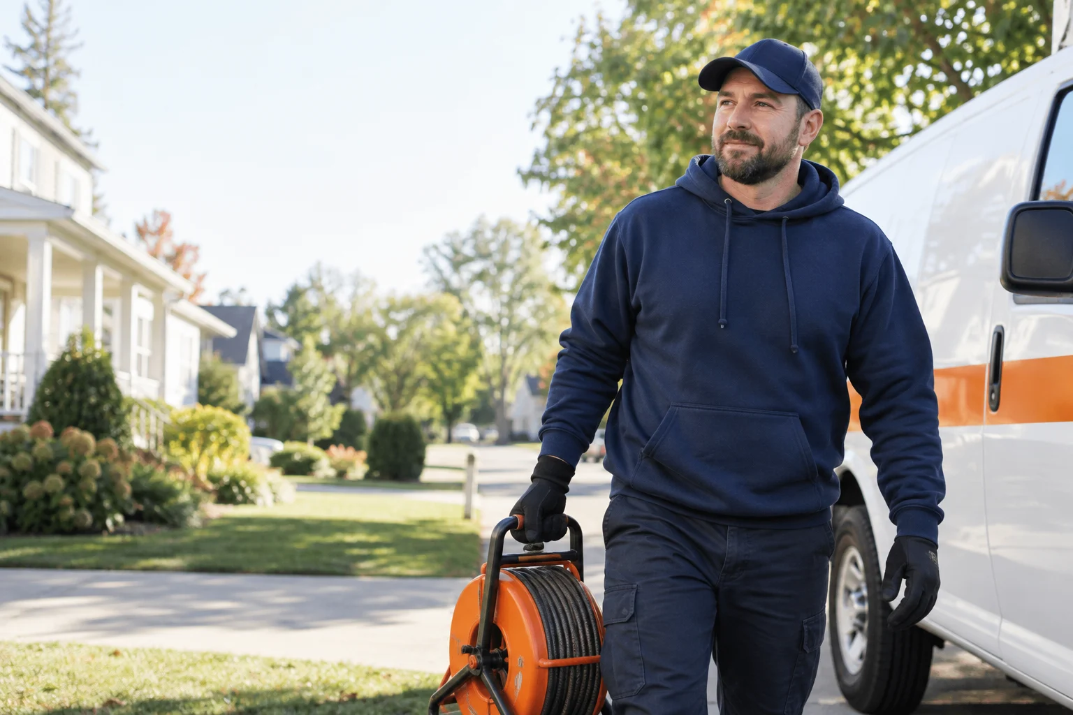 Fictional drain technician with an orange cable reel beside a white service van