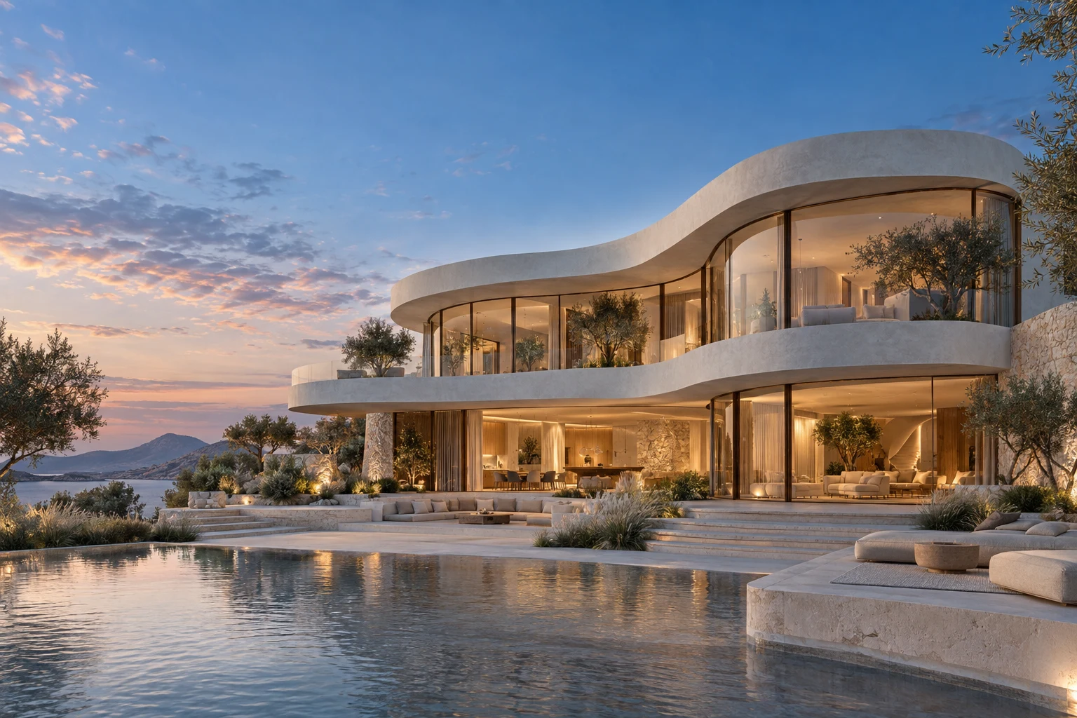 Sculptural white villa with curved glass walls and warmly lit interiors at blue hour