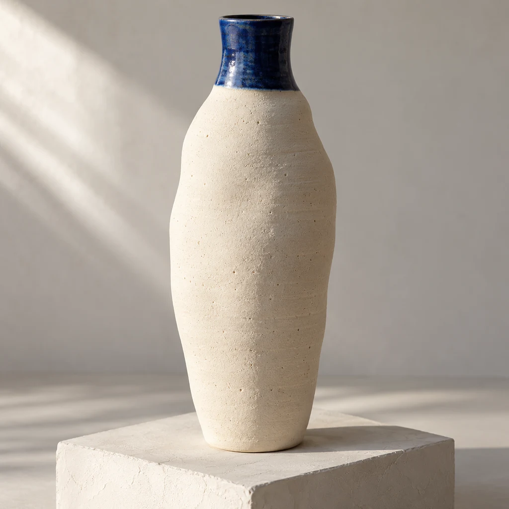 Original generated product photograph of a tall cream vase with a cobalt neck