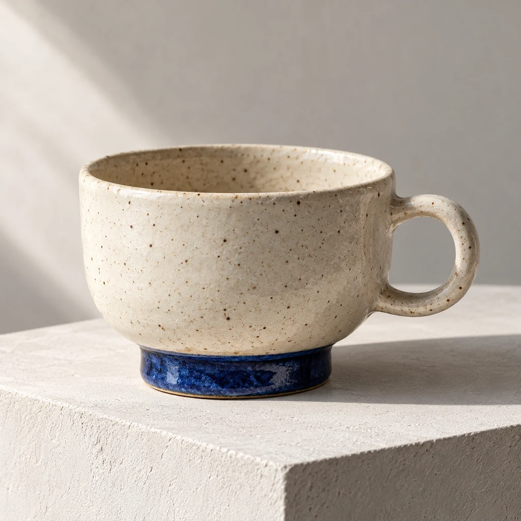 Original generated product photograph of a low cream cup with a cobalt foot and curved handle