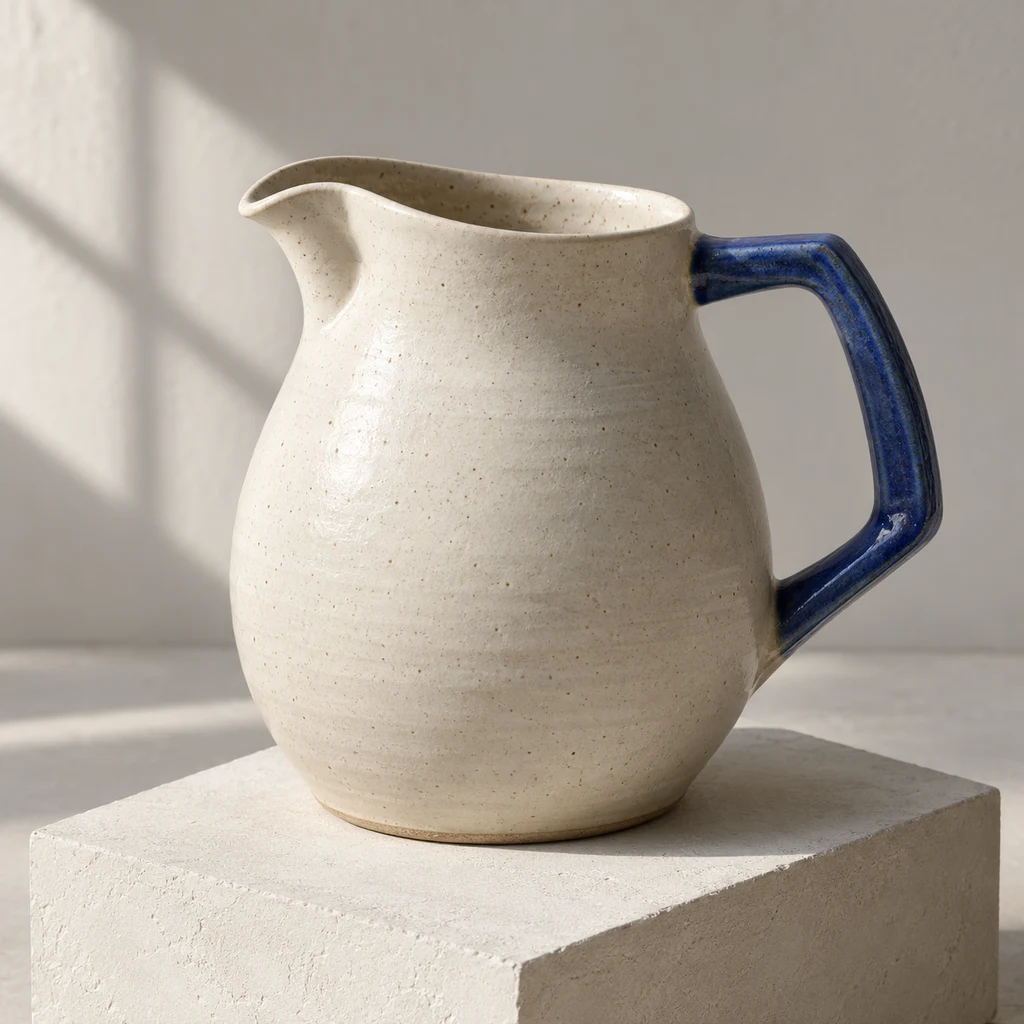 Original generated product photograph of a rounded cream pitcher with an angular cobalt handle