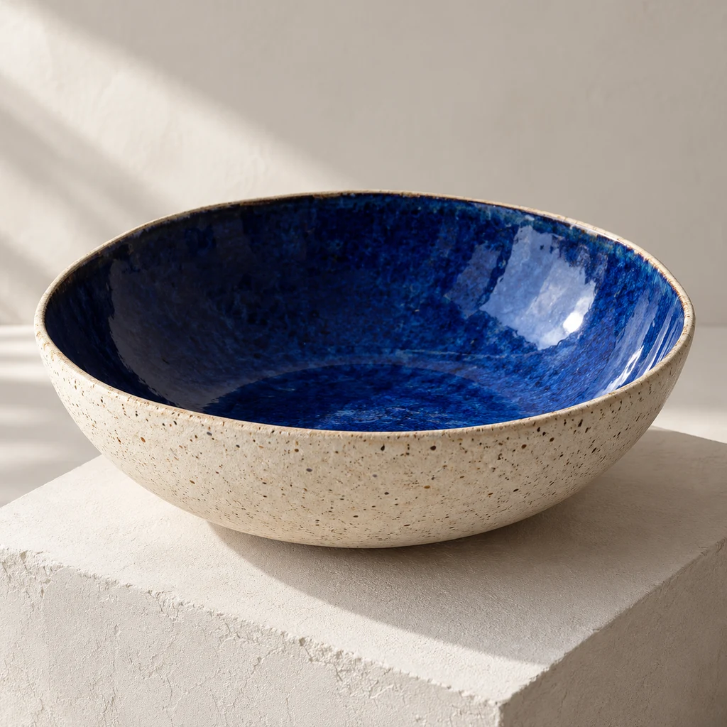Original generated product photograph of a wide cream bowl with a deep cobalt interior