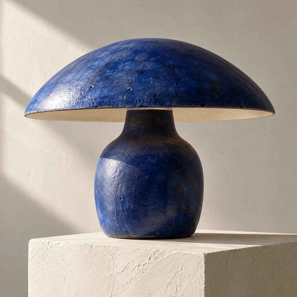 Original generated product photograph of a cobalt ceramic lamp with a broad shallow shade
