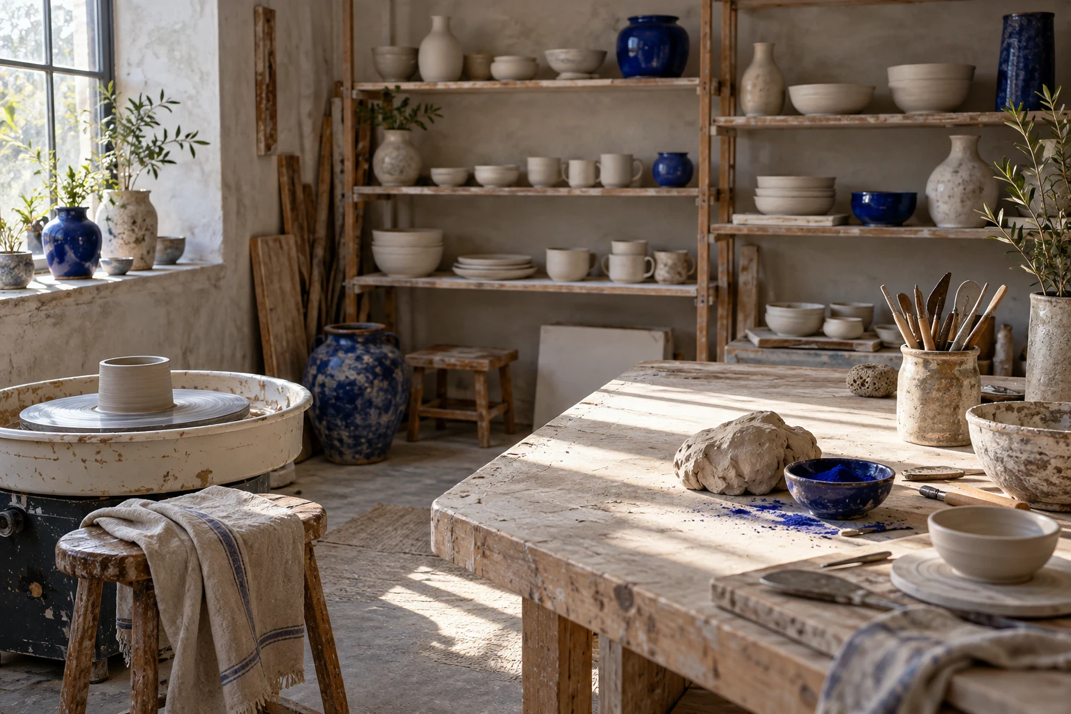 Original generated ceramics workspace with a pottery wheel, clay tools and cobalt-glazed objects on timber shelves