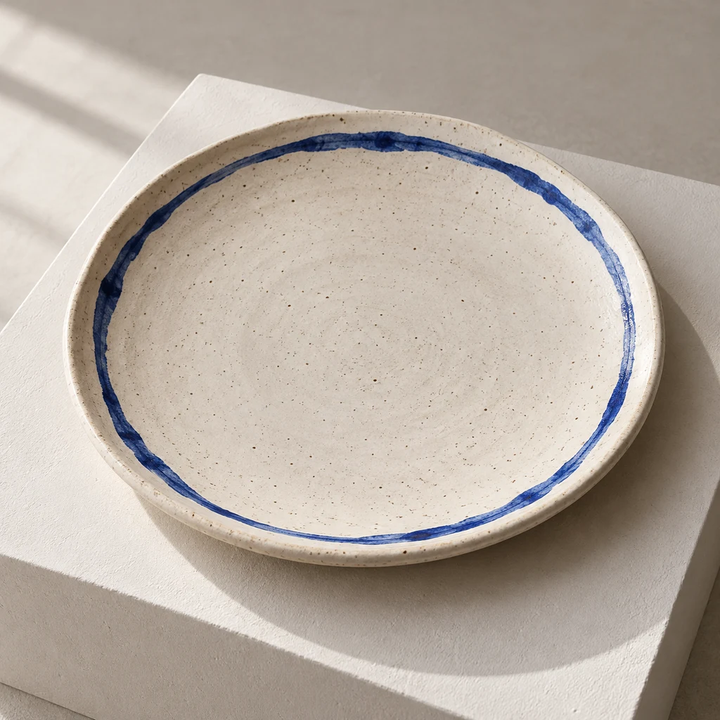Original generated product photograph of a shallow cream plate with an irregular cobalt ring