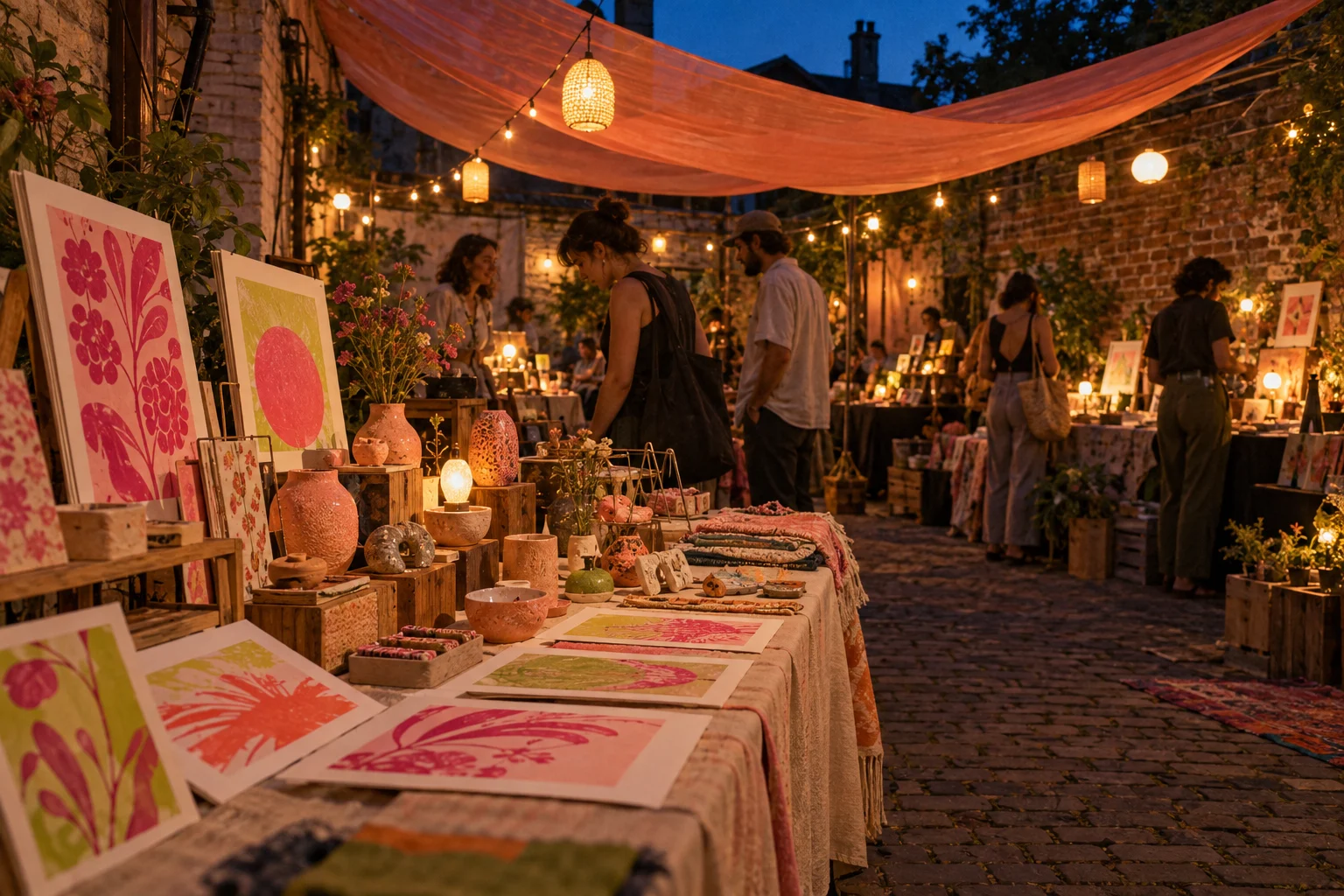 Imagined evening maker stalls under peach canopies, with warm lamps, colorful prints and handmade ceramics