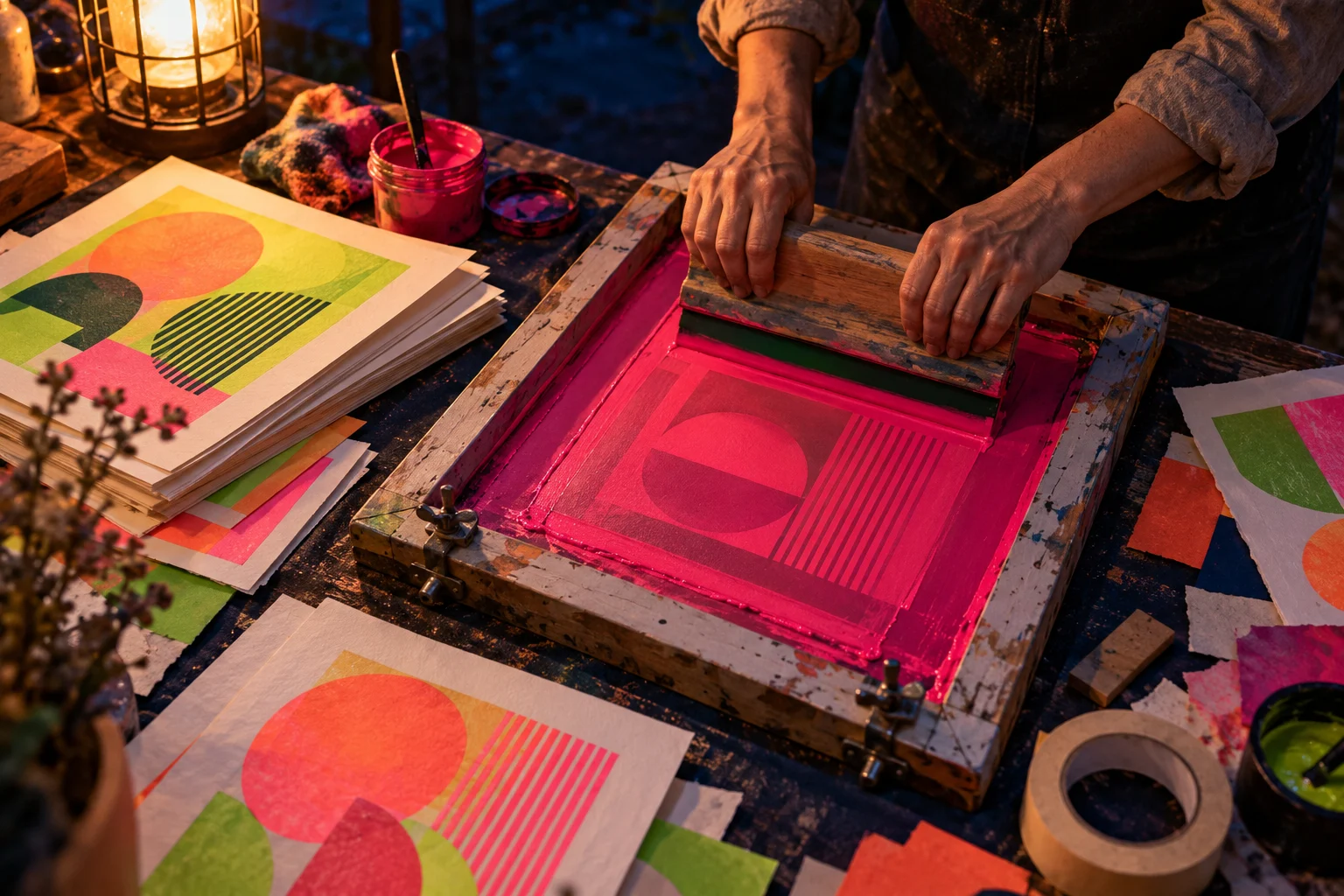 Imagined artisan hands pulling raspberry ink across a screen, beside lime and peach geometric prints under a warm lamp