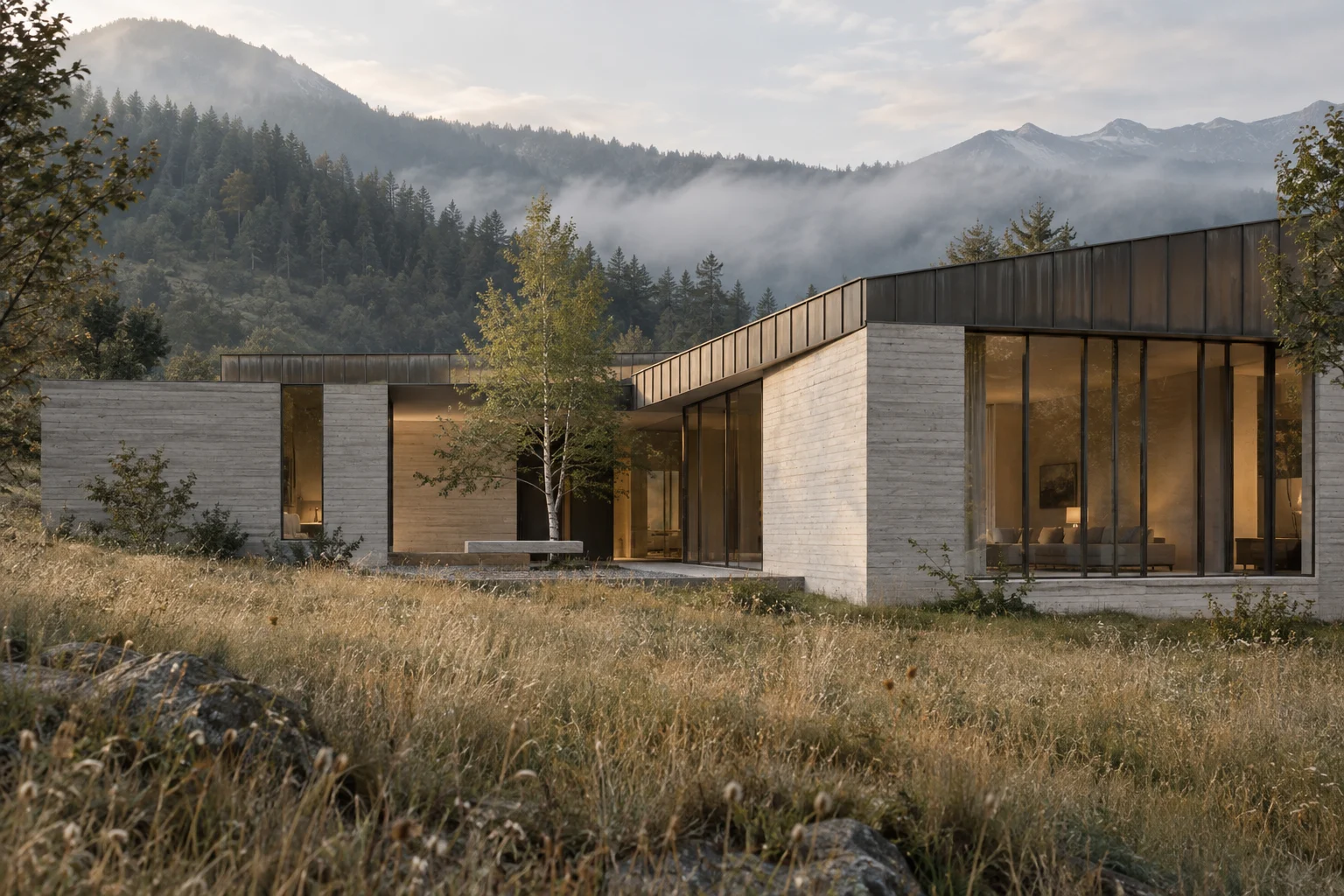 Original concept of a concrete and bronze courtyard house in a misty alpine meadow