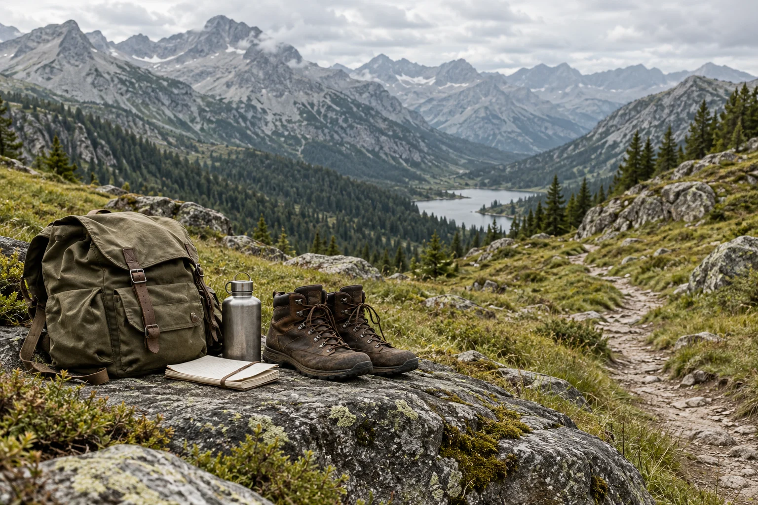 Original generated still life of a canvas daypack, metal flask, notebook and walking boots beside a mountain path