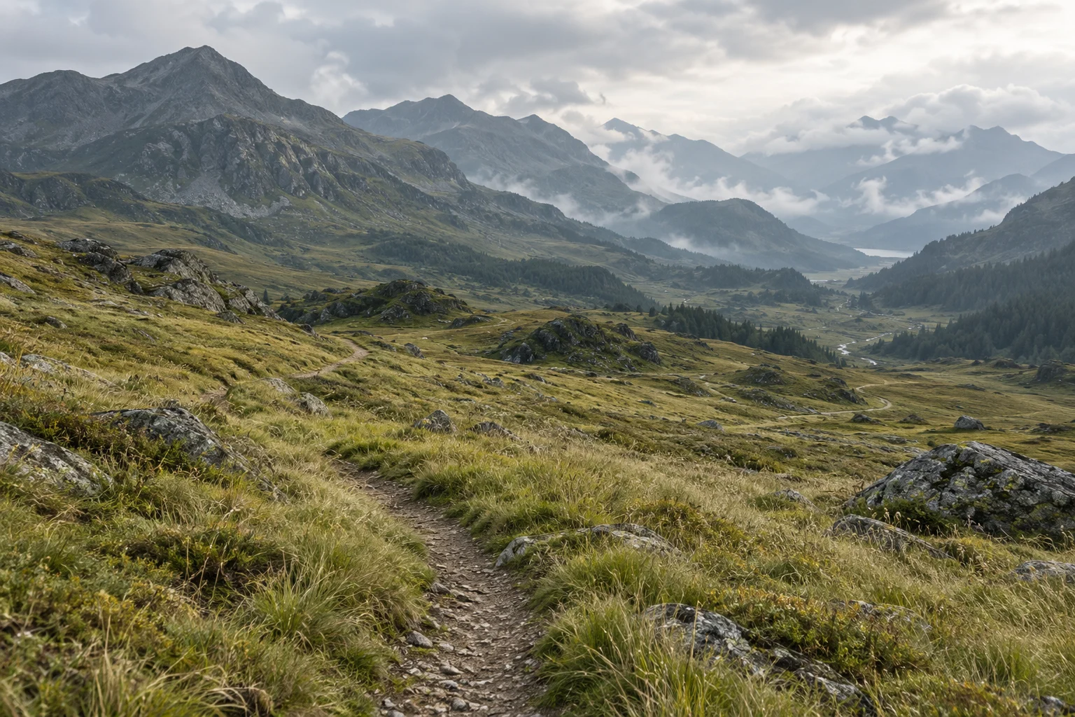 Original generated winding footpath between green mountain slopes and weathered grey stone