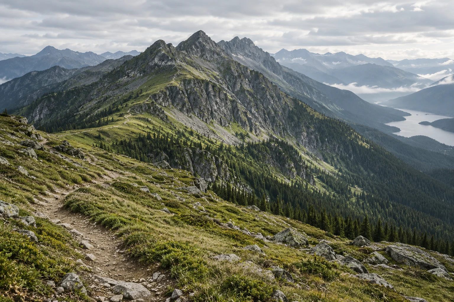 Original generated panorama of a grey mountain ridge, pale grass and a winding path above deep pine slopes