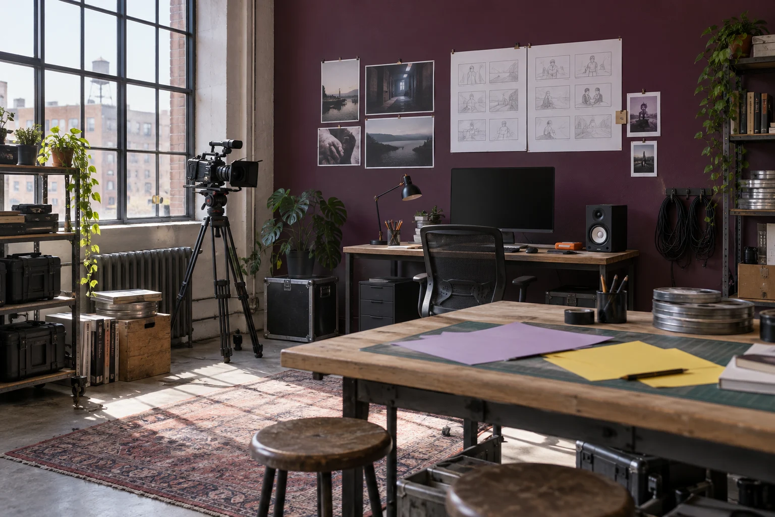 A daylight-filled creative workroom with camera, paper studies and a shared table