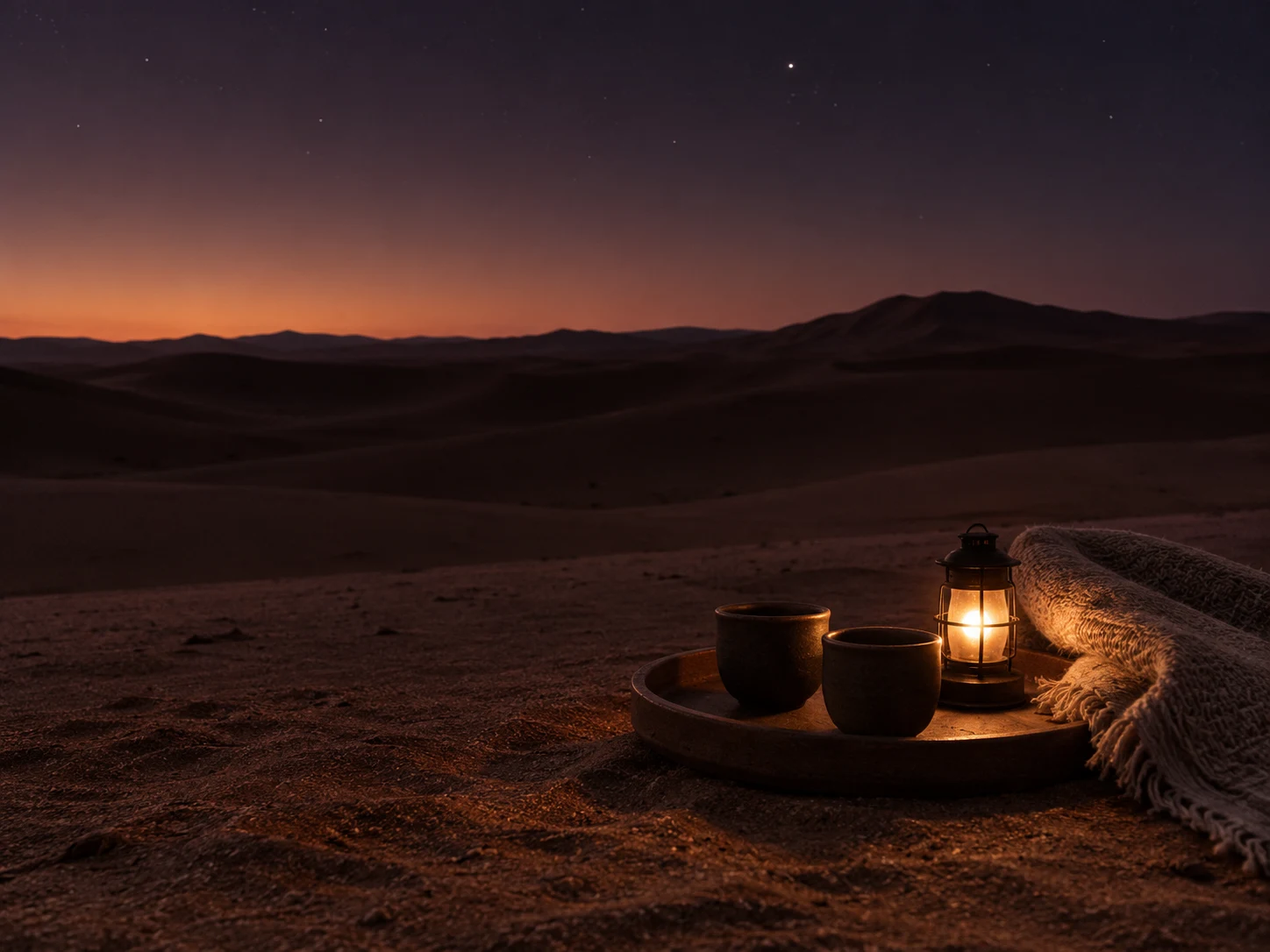 Two dark ceramic cups, a small lantern and a woven blanket resting on desert sand at twilight