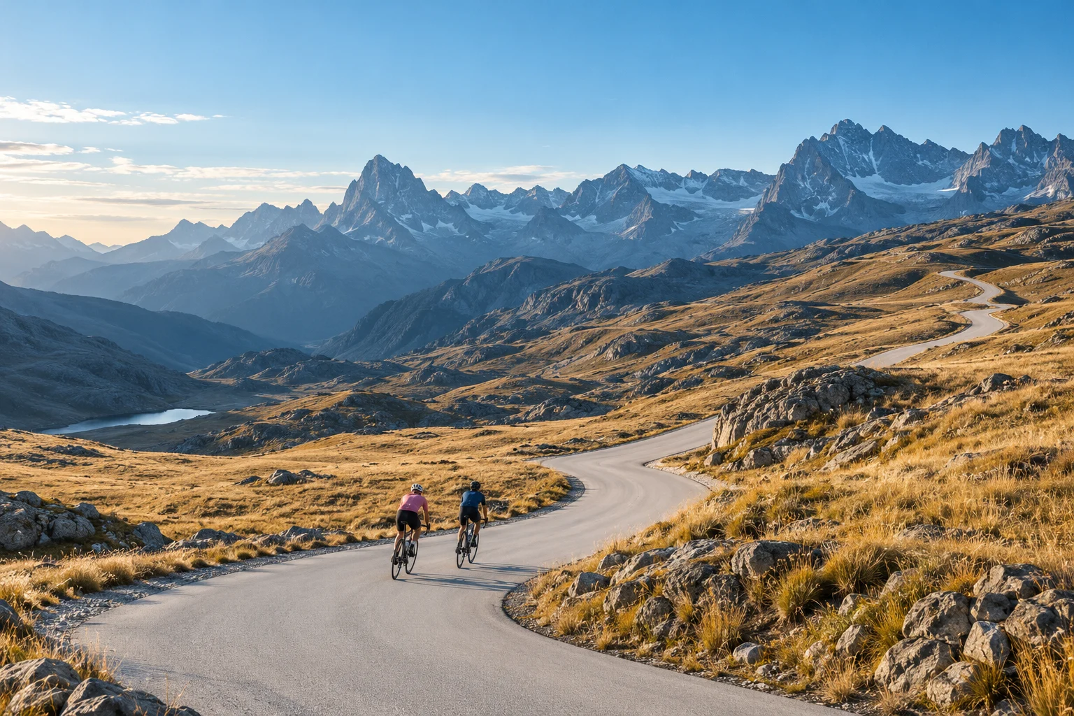 Original generated view of two helmeted cyclists on a winding pale road through an imagined alpine grassland
