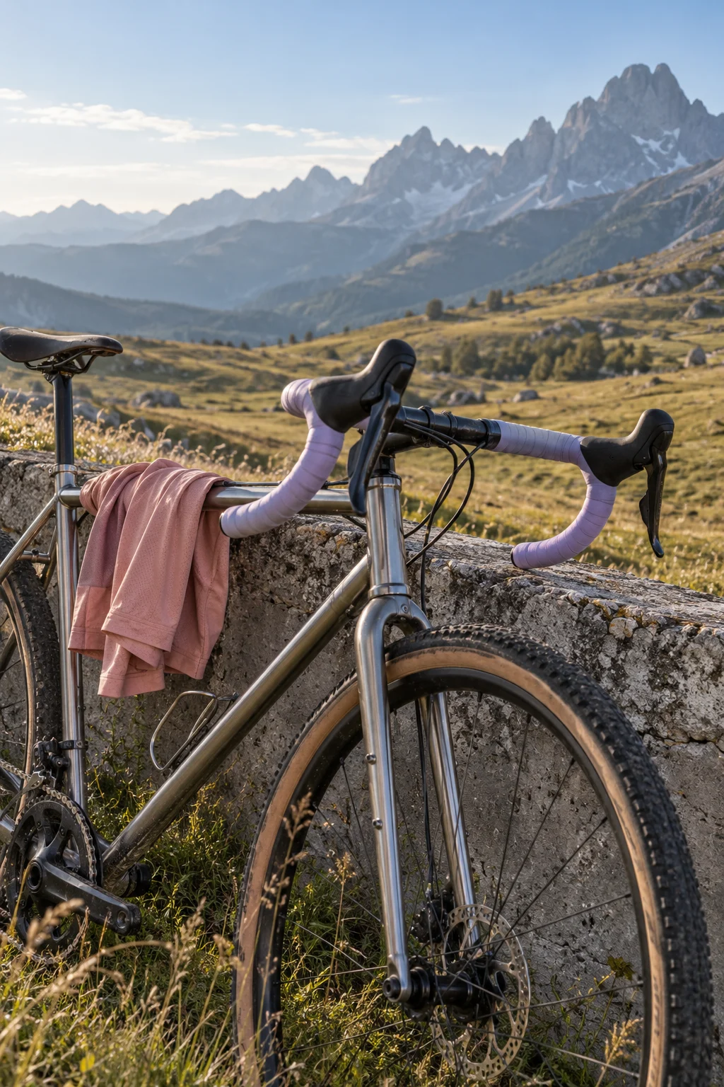 Original generated detail of an unbranded gravel bicycle with lavender handlebar tape and a rose jersey beside an imagined mountain landscape