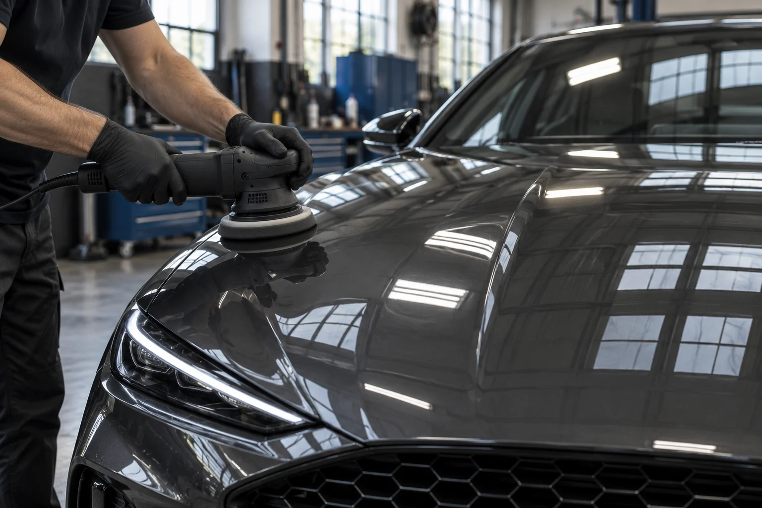 Fictional detailer inspecting the graphite coupe paint under a workshop light