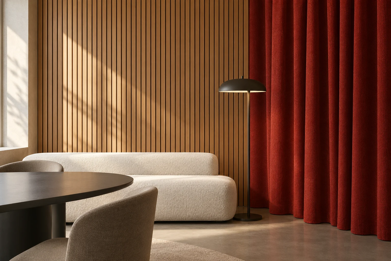 Fictional interior detail with a vermilion wool curtain, oak wall and off-white bench