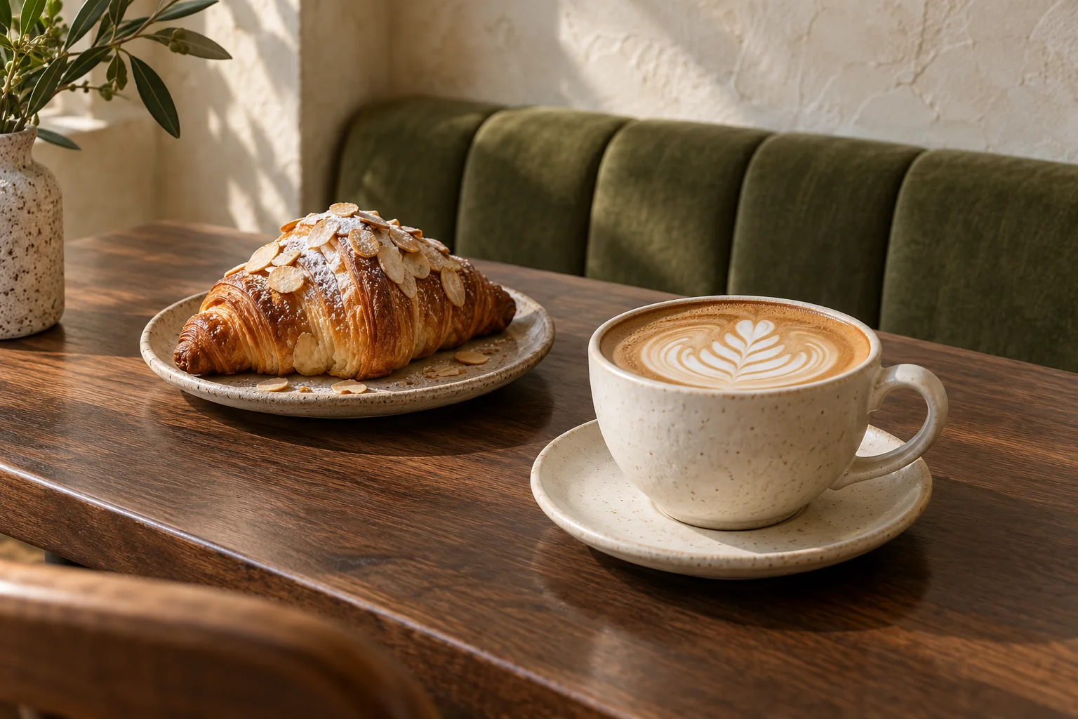Generated café photograph of a cappuccino and almond croissant on a walnut table