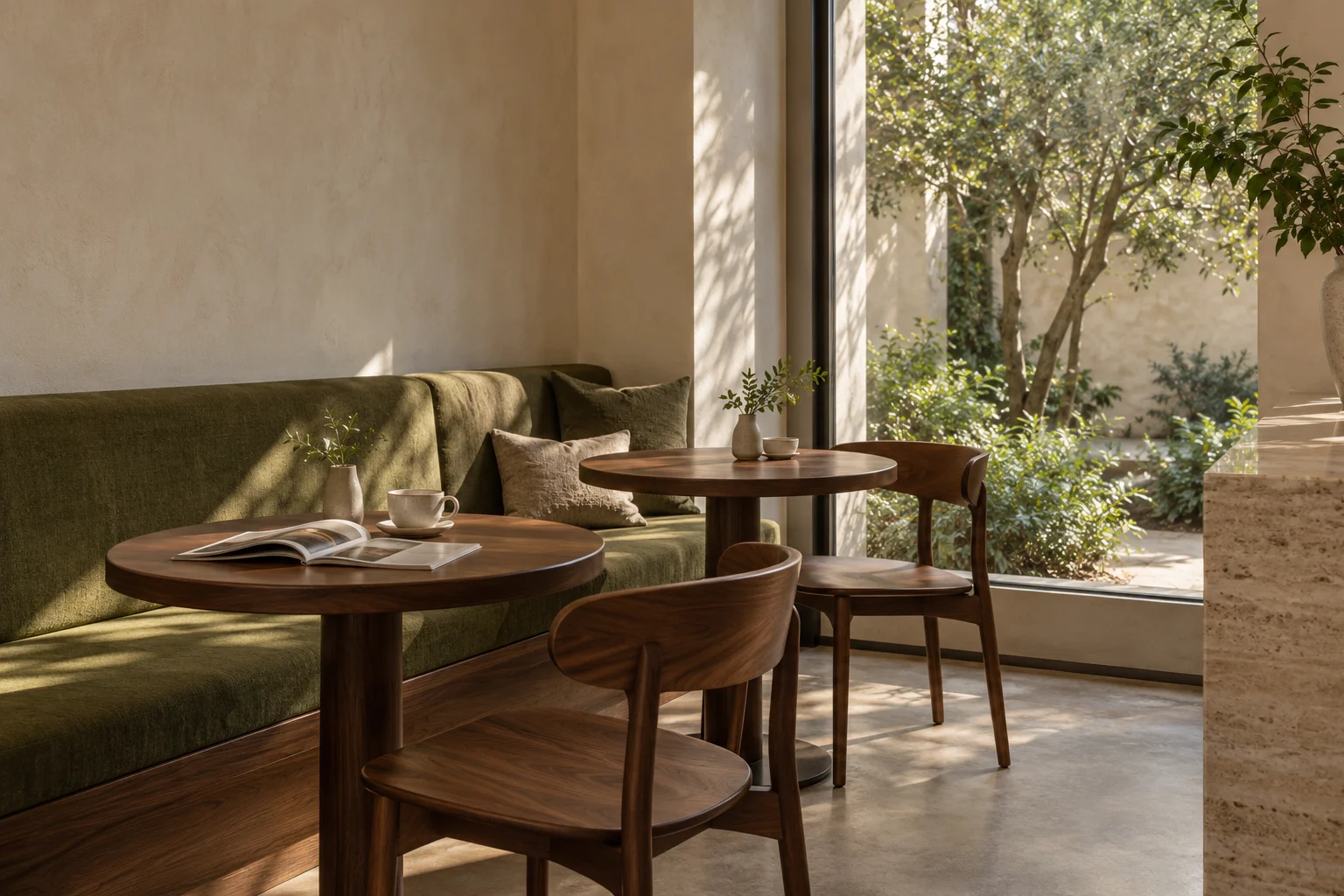 Fictional café corner with olive seating, walnut tables and courtyard light
