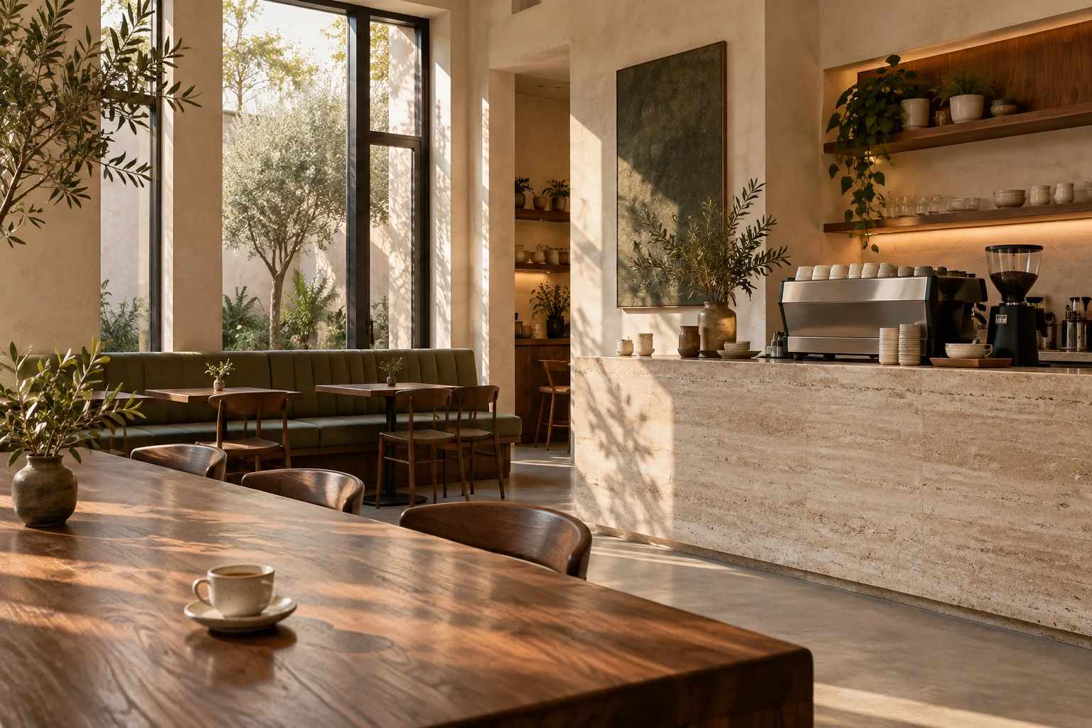 Fictional SAFA café with ivory walls, walnut furniture and an olive upholstered bench
