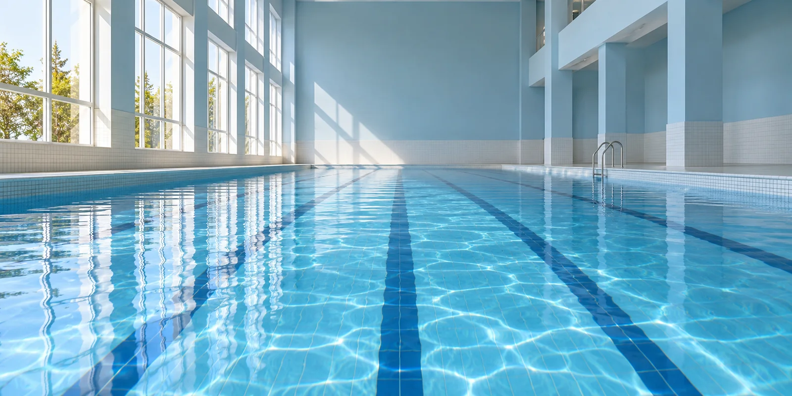 Original imagined empty indoor pool, with tall windows casting light across blue water and pale tiles