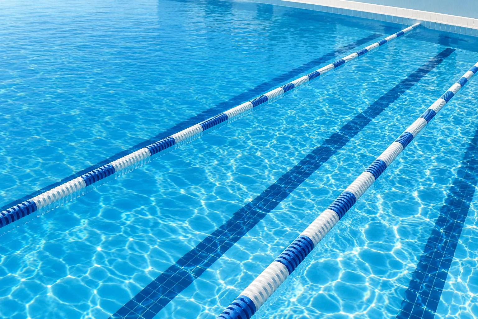 Original imagined pool: bright blue water and white lane ropes running diagonally across an empty swimming lane