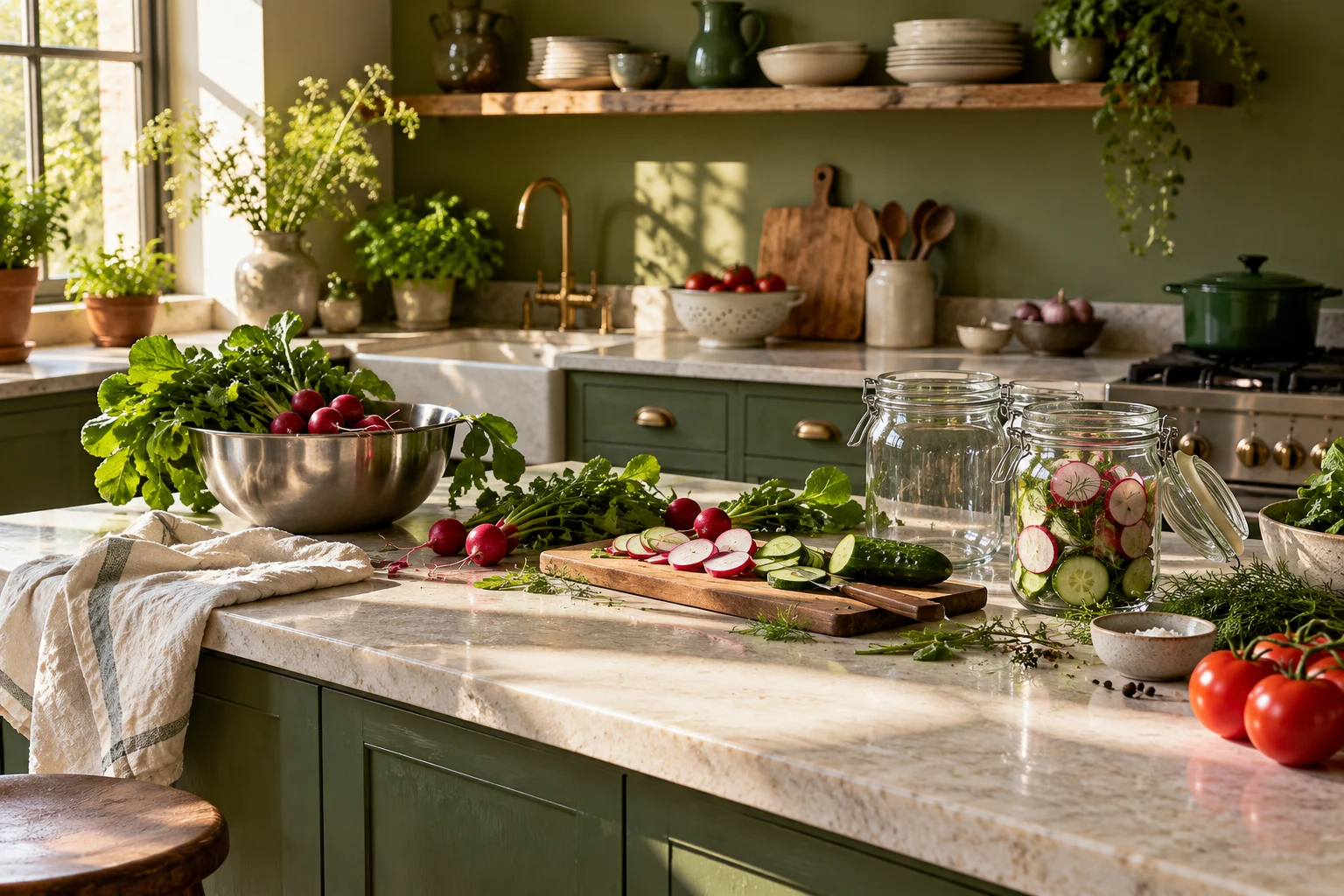 Original generated herb green kitchen with a cream counter, plain jars, vegetables and linen in warm window light