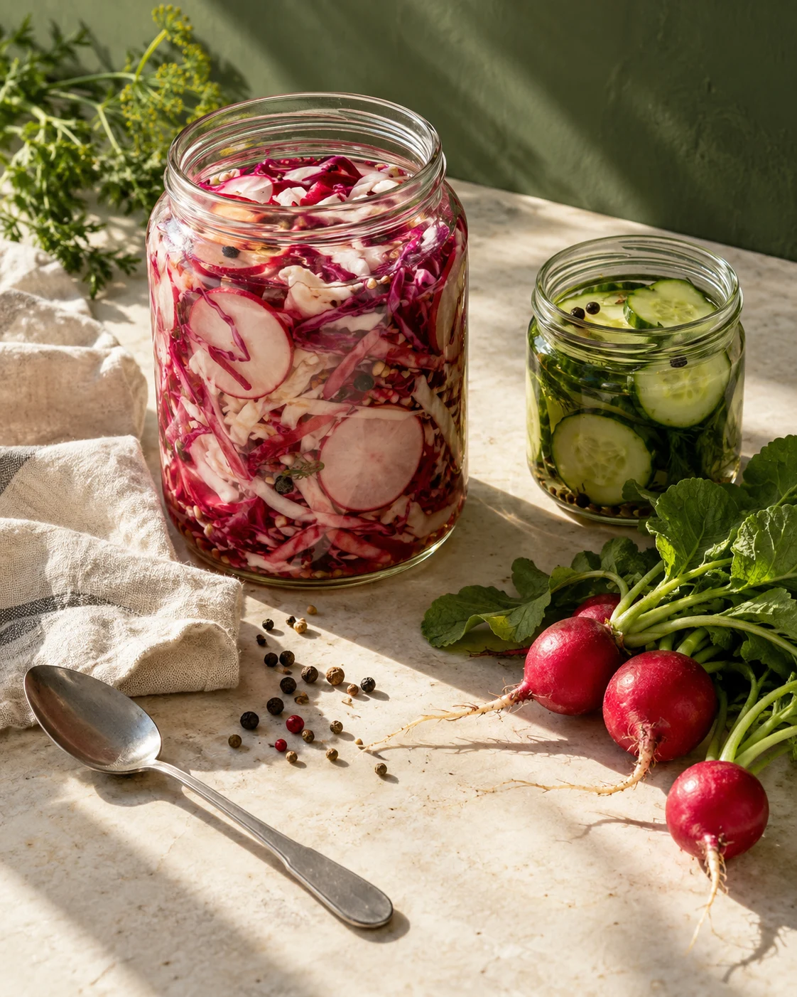 Original generated still life of colourful radish and cucumber jars, leafy radishes and a spoon on a sunlit cream table