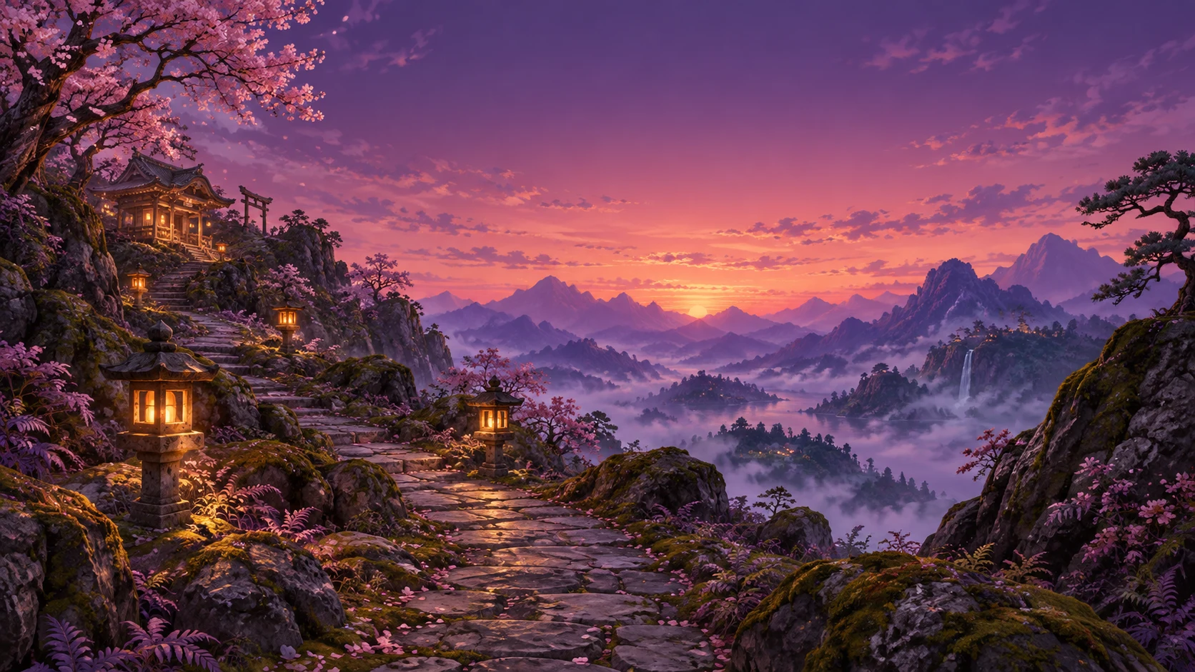 A quiet lantern-lit path leading toward a distant mountain shrine