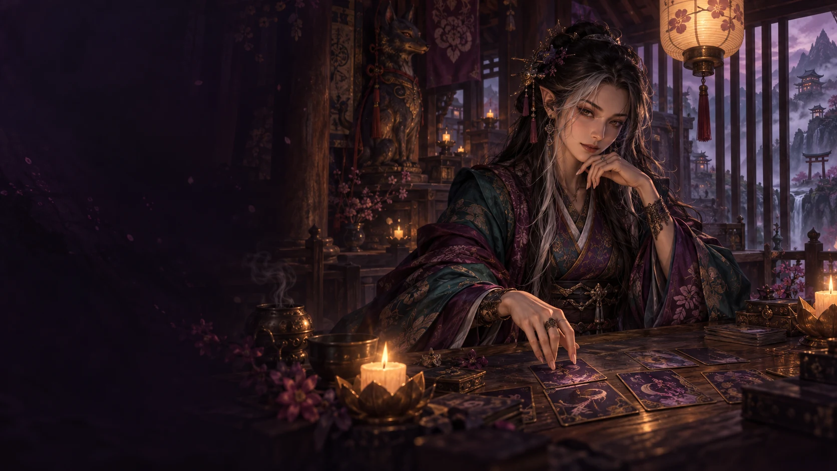 A wandering strategist studies ornate spirit cards at a candlelit shrine table