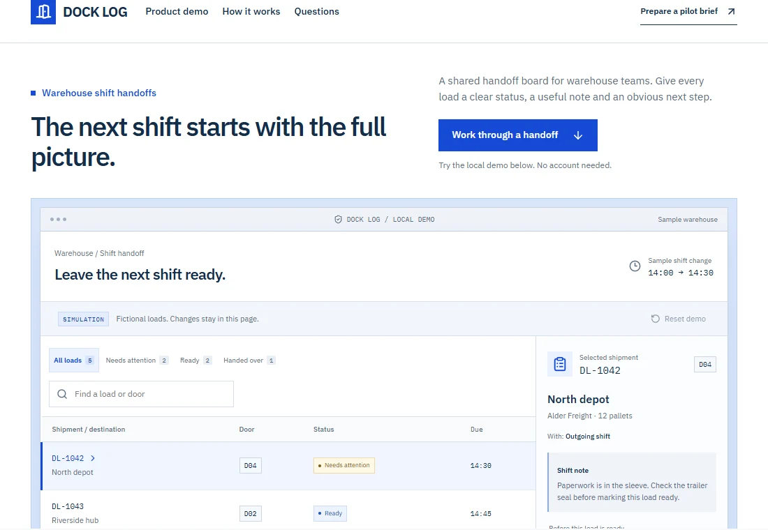 DOCK LOG — landing page preview