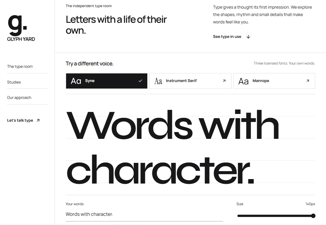 GLYPH YARD — landing page preview
